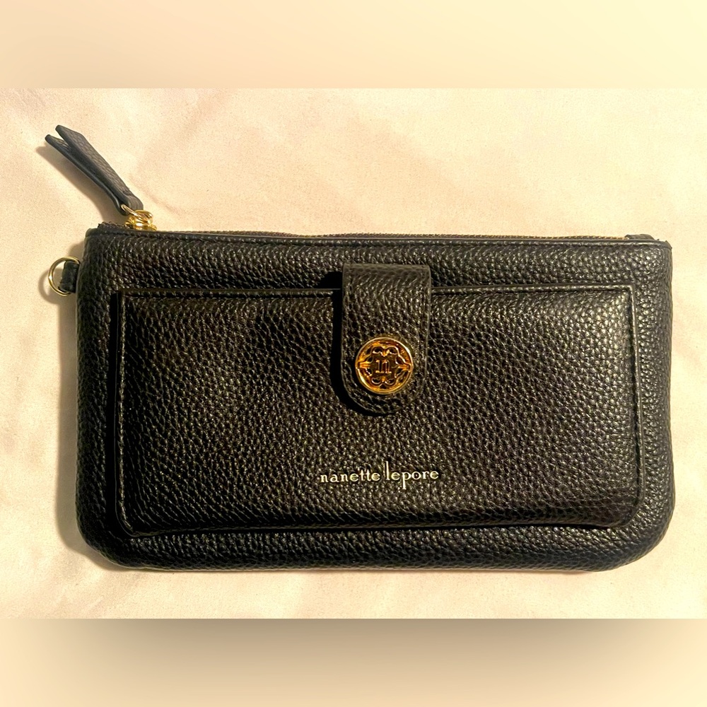 Nanette Lepore Clutch W Built In Wallet Black Pebbled Leather W Gold Accents EUC